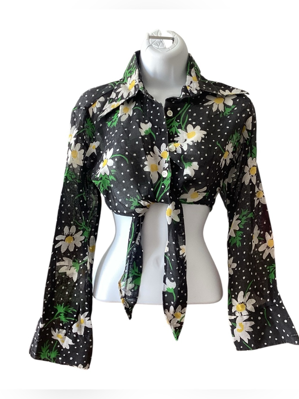 VTG 60s/70s Fashion Wagon Flower Power Hippie Cropped Button Up Blouse, S-M
